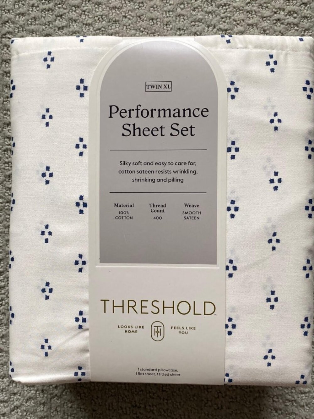 NEW 100% Cotton Smooth Sateen Performance Sheet Set, Cream Blue, Twin XL
